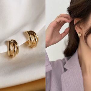 Triple Curve Gold Tone Stud Earrings